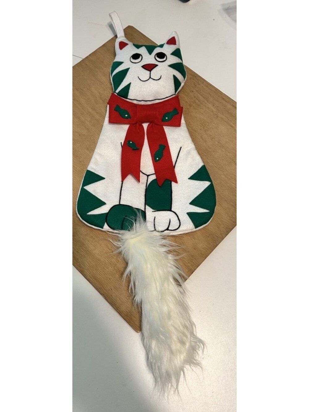 Vintage Handmade Christmas Cat Stocking Fuzzy Tail